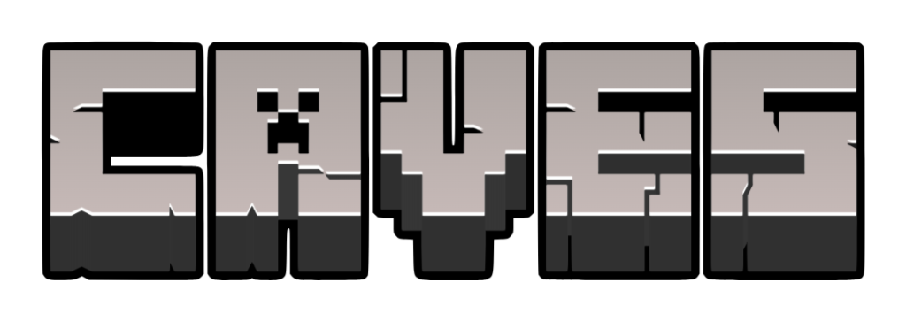 'Caves' written in a blocky, 3D font with a stone texture.